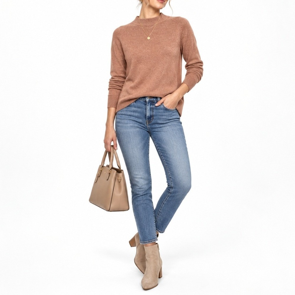 LOFT Sweater Women M Brown Mock Neck Merino Wool Blend Tunic Soft Knit Casual